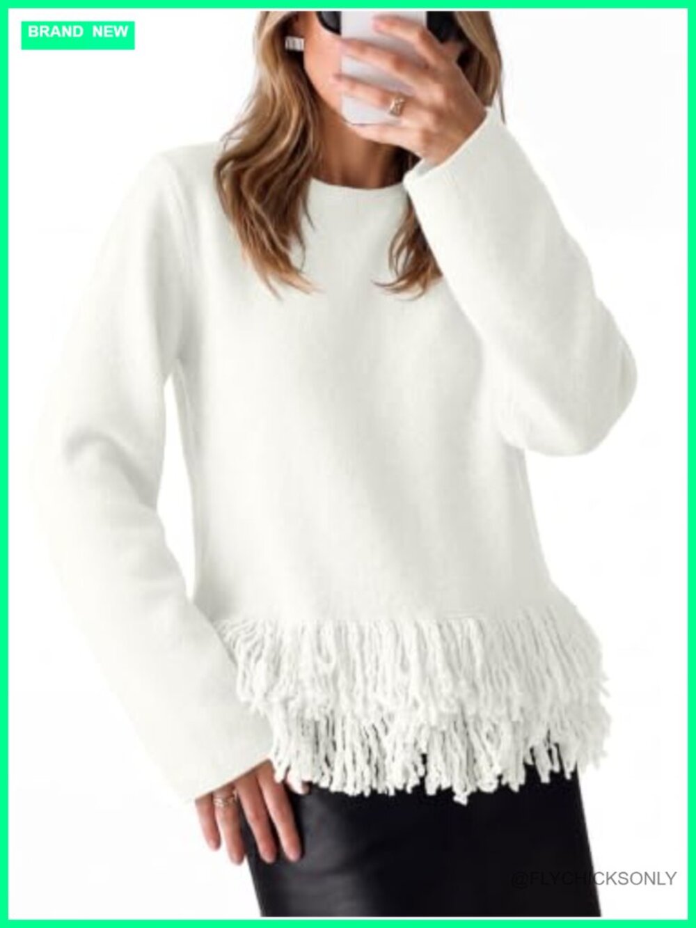 Fringe Sweater Crew Neck Boho Pullover Long Sleeve Knit Top